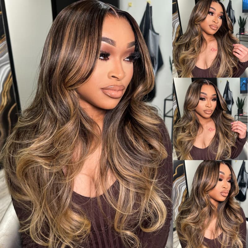 SWAY Caramel Brown Honey Blonde Highlights 13x4 Lace Front Human Hair Wigs 200 Density