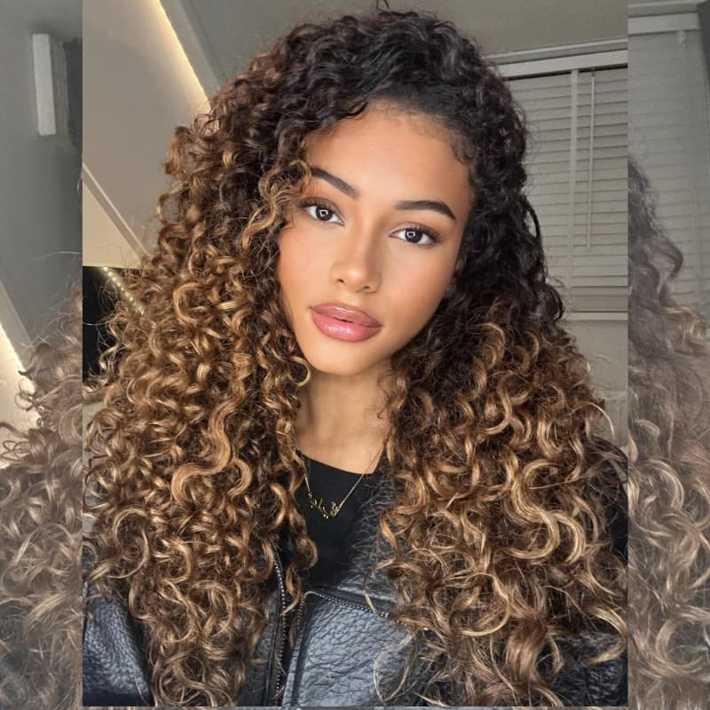 SWAY Caramel Golden Honey Blonde Brown With Dark Roots Tight Spring Curly 13X4 Lace Front Human Hair Wigs 250 300 Density