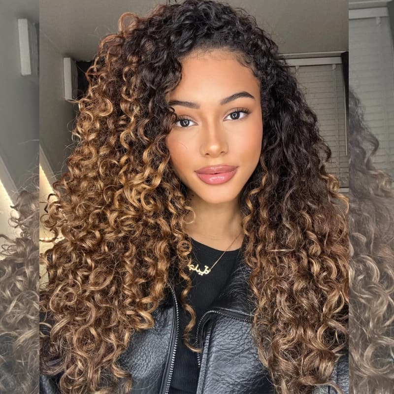 SWAY Caramel Golden Honey Blonde Brown With Dark Roots Tight Spring Curly 13X4 Lace Front Human Hair Wigs 250 300 Density
