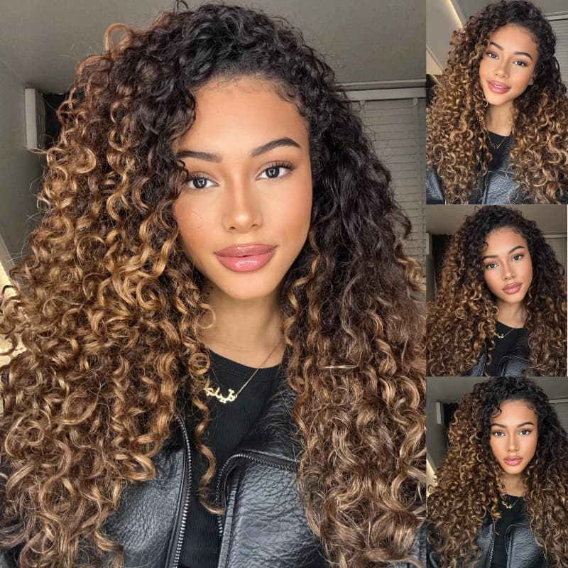 SWAY Caramel Golden Honey Blonde Brown With Dark Roots Tight Spring Curly 13X4 Lace Front Human Hair Wigs 250 300 Density