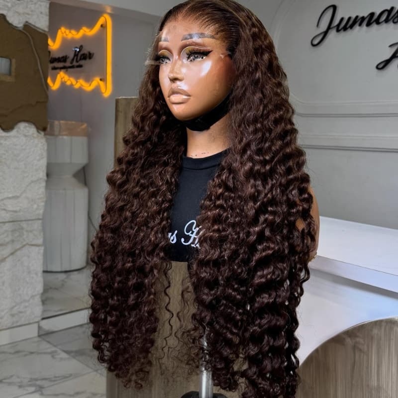 SWAY Chocolate Brown Burmese Curly 13x4 Lace Front Human Hair Wig 250 300 Density