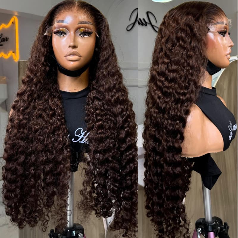 SWAY Chocolate Brown Burmese Curly 13x4 Lace Front Human Hair Wig 250 300 Density