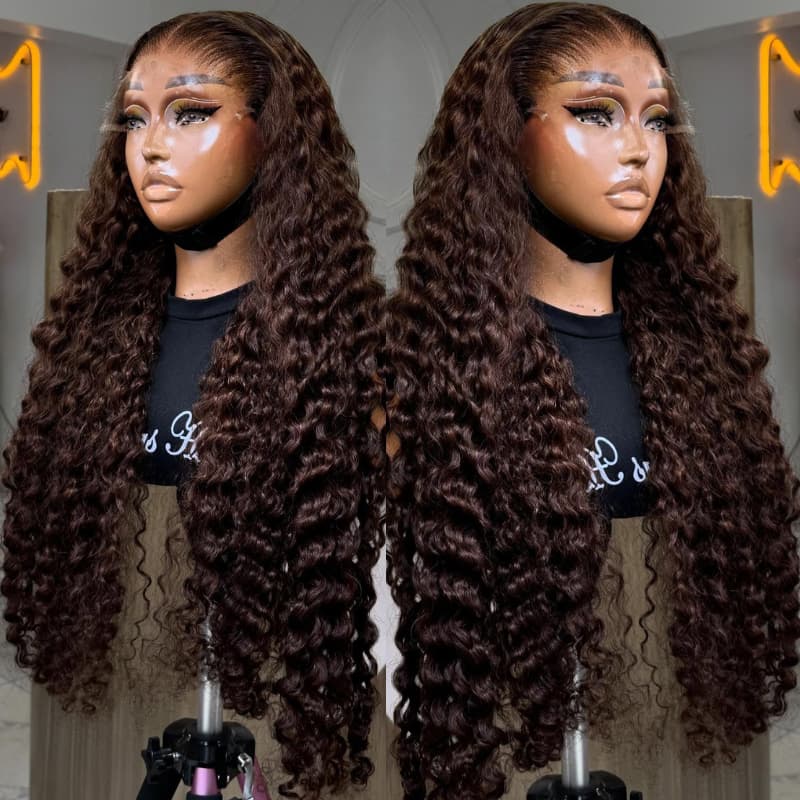 SWAY Chocolate Brown Burmese Curly 13x4 Lace Front Human Hair Wig 250 300 Density