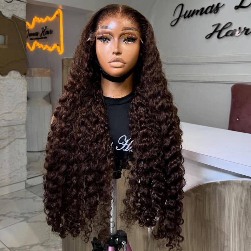 SWAY Chocolate Brown Burmese Curly 13x4 Lace Front Human Hair Wig 250 300 Density