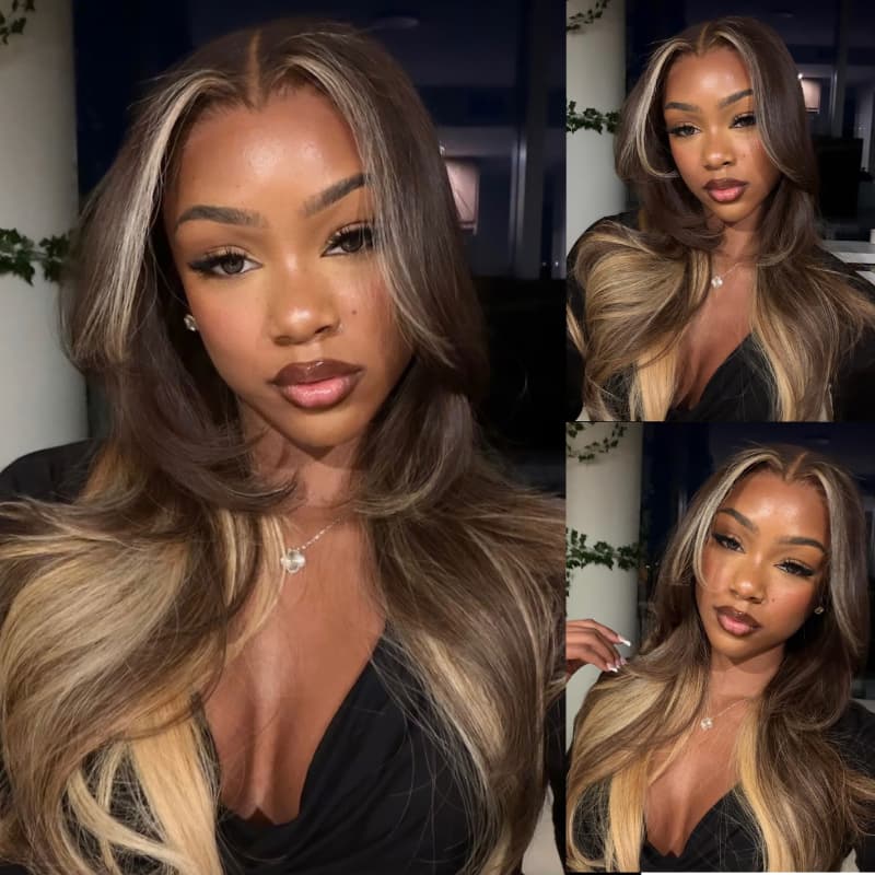 SWAY Chocolate Brown Honey Blonde Face-Framing Balayage 13x4 Lace Front Virgin Human Hair Wigs 200 Density