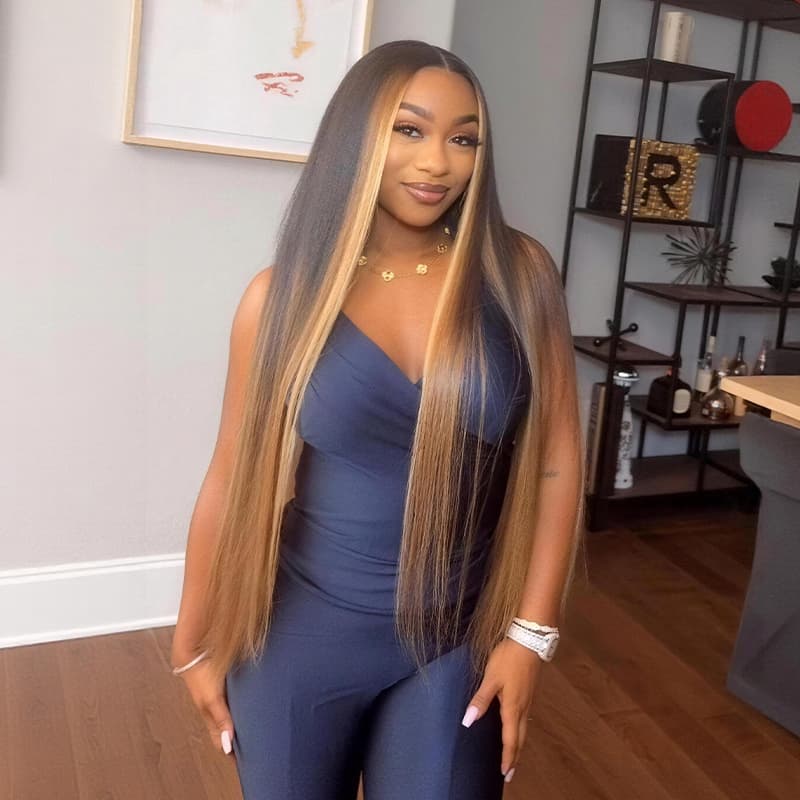 SWAY Dark Brown Caramel Blonde Face-Framing Highlights Bone Straight 300 Density 13x4 Lace Front Human Hair Wigs