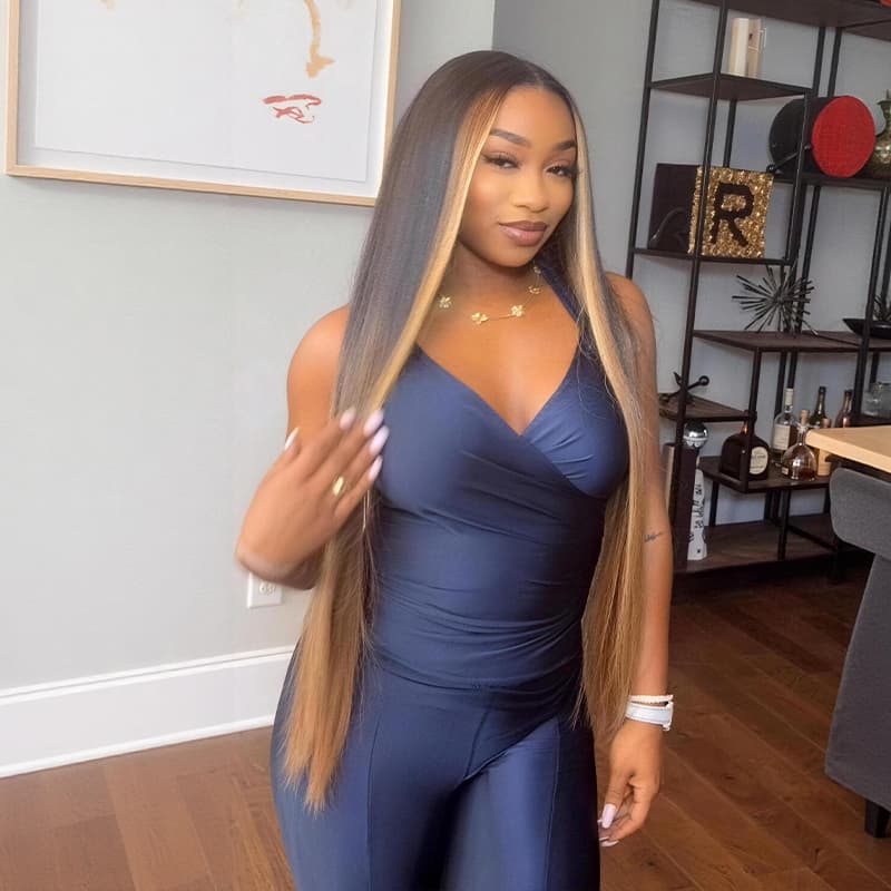 SWAY Dark Brown Caramel Blonde Face-Framing Highlights Bone Straight 300 Density 13x4 Lace Front Human Hair Wigs
