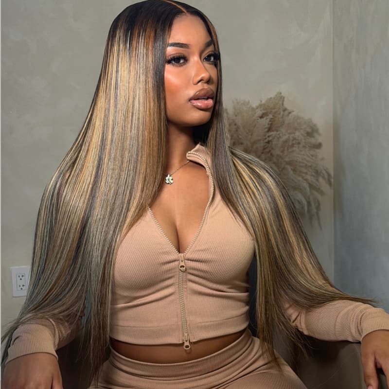 SWAY Dark Brown Caramel Blonde Highlights Bone Straight 300 Density 13x4 Lace Front Human Hair Wigs