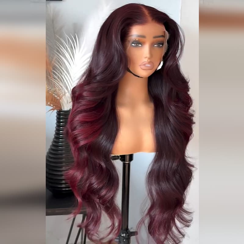 SWAY Dark Burgundy Red Loose Wavy 300 Density 13x4 Lace Front Human Hair Wigs