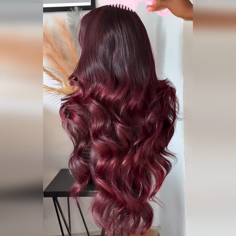 SWAY Dark Burgundy Red Loose Wavy 300 Density 13x4 Lace Front Human Hair Wigs
