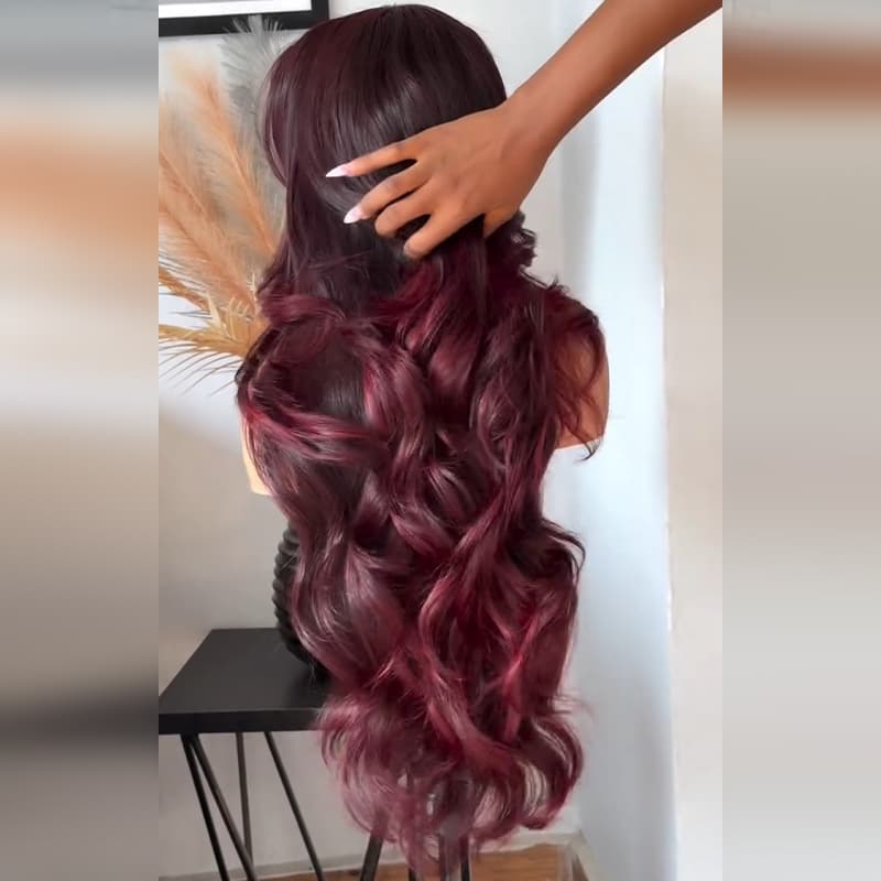 SWAY Dark Burgundy Red Loose Wavy 300 Density 13x4 Lace Front Human Hair Wigs