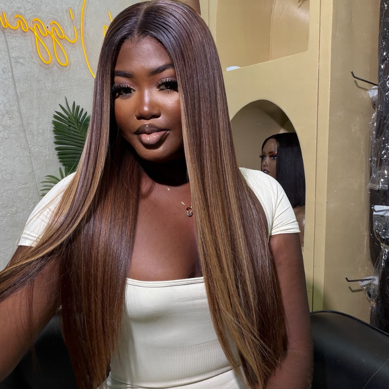 SWAY Dark Chocolate Brown with Honey Caramel Blonde Highlights 13x4 Lace Front Virgin Human Hair Wig