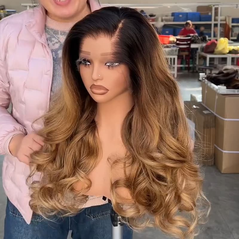 SWAY Golden Honey Caramel Brown with Dark Roots 13X4 Lace Front Human Hair Wigs 250 300 Density