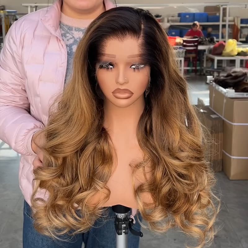 SWAY Golden Honey Caramel Brown with Dark Roots 13X4 Lace Front Human Hair Wigs 250 300 Density