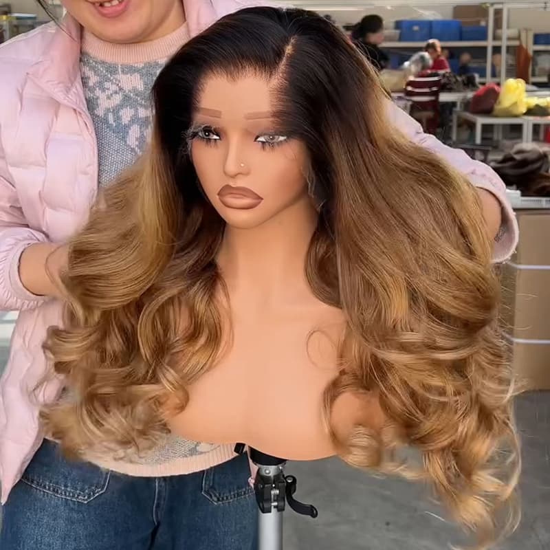 SWAY Golden Honey Caramel Brown with Dark Roots 13X4 Lace Front Human Hair Wigs 250 300 Density