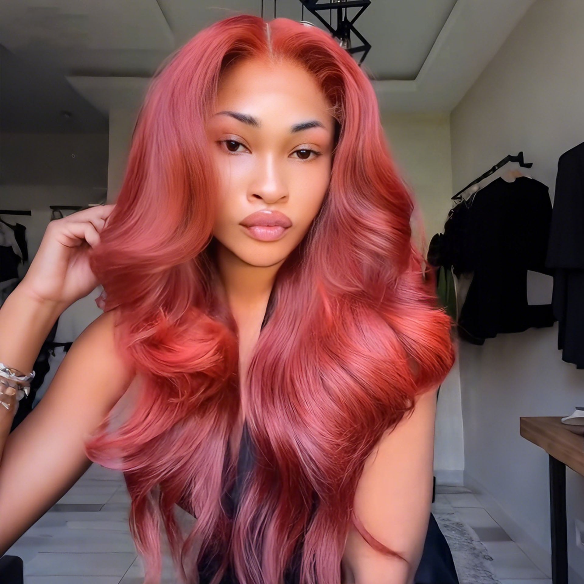 SWAY Luxury Dusty Rose Copper Red 13x4 Lace Front Virgin Human Hair Wigs 200 Density