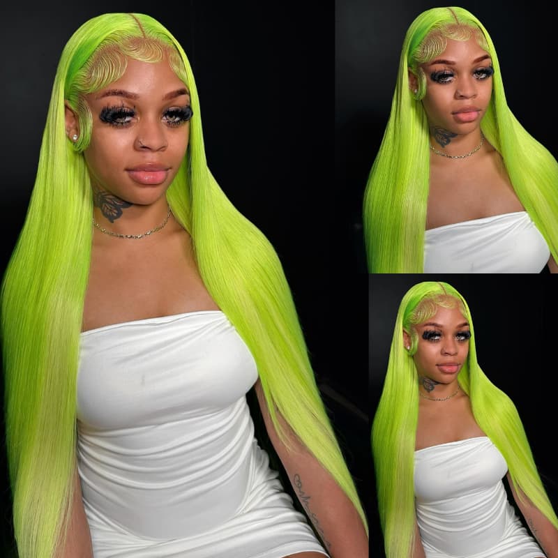 SWAY Neon Electric Lime Green 13x4 Lace Front Virgin Human Hair Wigs 200 Density