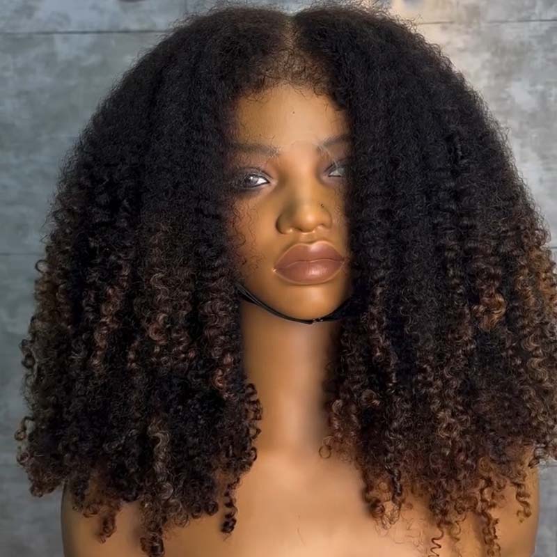 SWAY Ombre Black Brown Fluffy Kinky Curly Coils Short Bob 4x4 Lace Frontal Human Hair Wigs