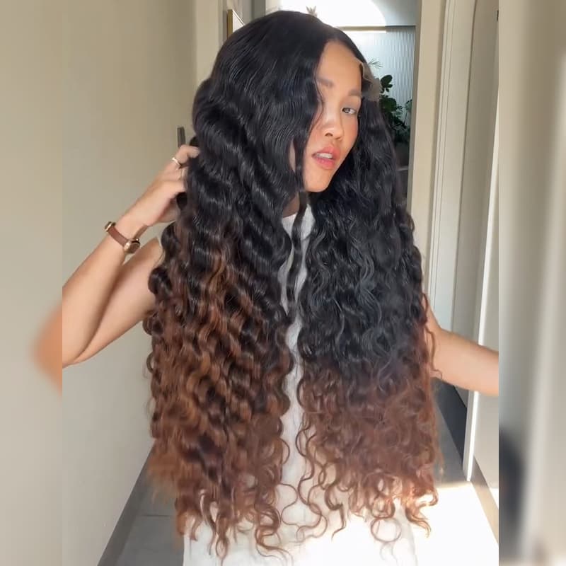 SWAY Ombre Black Brown Loose Deep Wave 300 Density 13x4 Lace Front Human Hair Wig