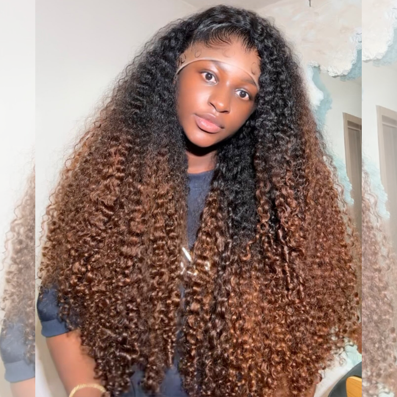 SWAY Ombre Black Chocolate Brown Deep Spiral Kinky Curly 13x4 Lace Front Human Hair Wigs