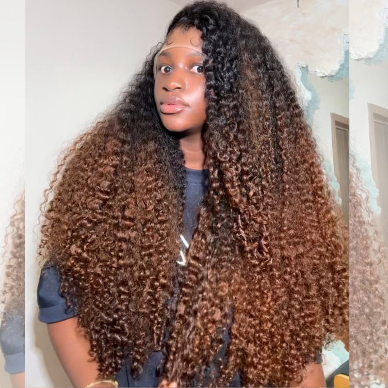 SWAY Ombre Black Chocolate Brown Deep Spiral Kinky Curly 13x4 Lace Front Human Hair Wigs