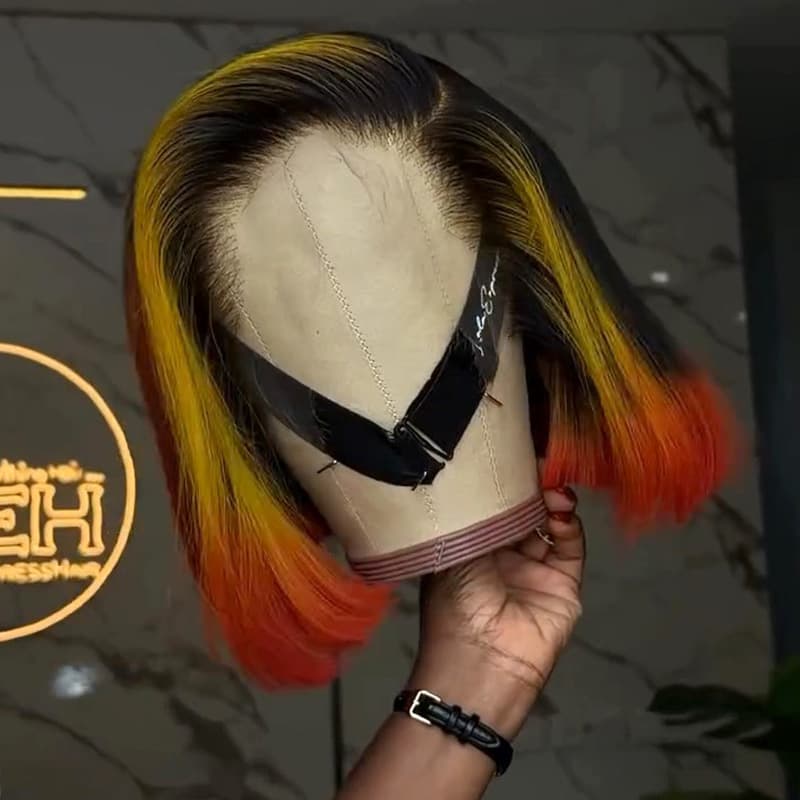 SWAY Ombre Black Copper Red With Yellow Highlights 8 10 12 inch Short Bob 13x4 Lace Front Human Hair Wig