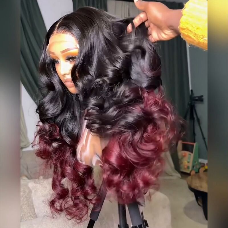 SWAY Ombre Black Deep Burgundy Red Voluminous Soft Big Bouncy Loose Body Wave Curls 300 Density 13x4 Lace Front Human Hair Wig