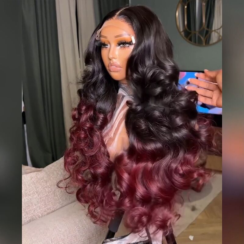 SWAY Ombre Black Deep Burgundy Red Voluminous Soft Big Bouncy Loose Body Wave Curls 300 Density 13x4 Lace Front Human Hair Wig