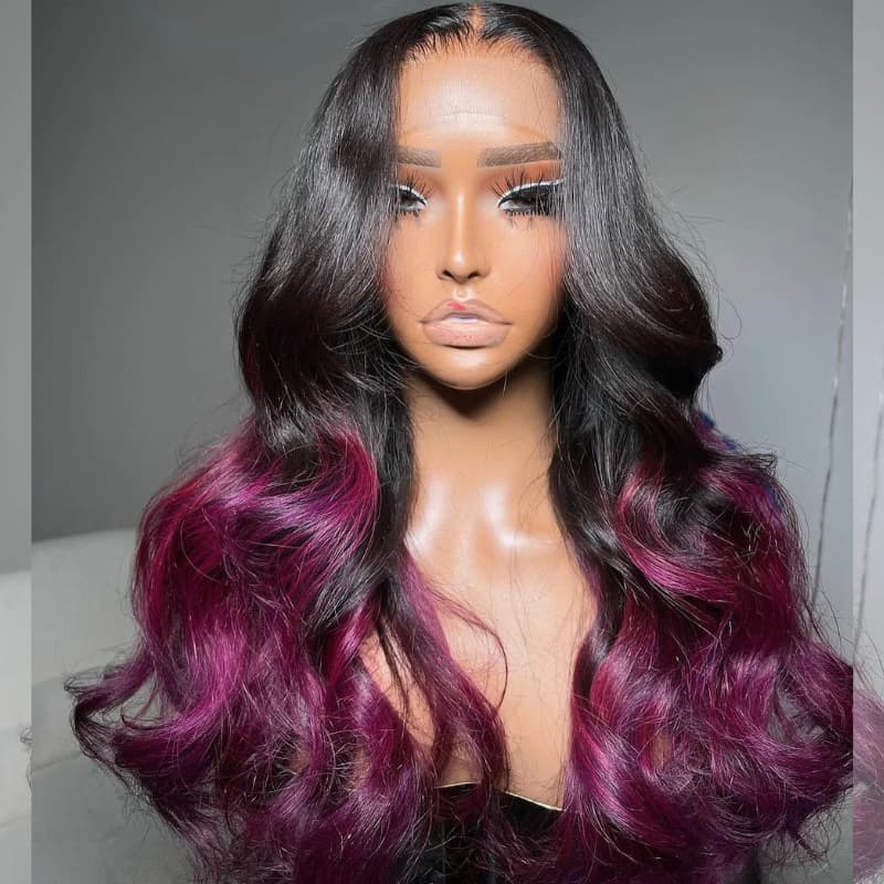 SWAY Ombre Black Purple 13x4 Lace Front Human Hair Wigs 200 Density