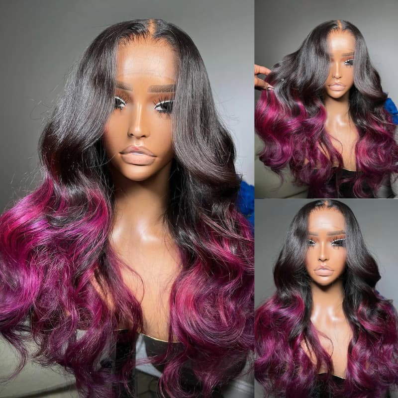SWAY Ombre Black Purple 13x4 Lace Front Human Hair Wigs 200 Density