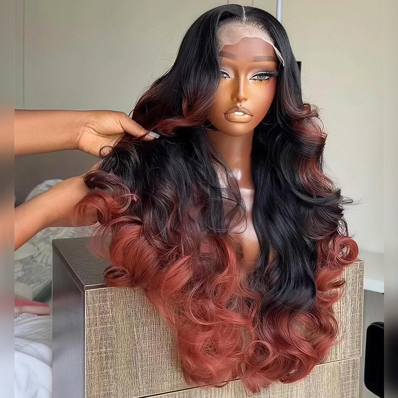 SWAY Ombre Black Rose Copper Red 250 300 Density 13x4 Lace Front Human Hair Wig