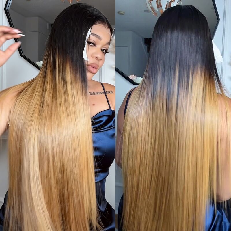 SWAY Ombre Black Strawberry Honey Blonde Bone Straight 13x4 Lace Front Human Hair Wigs 300 Density