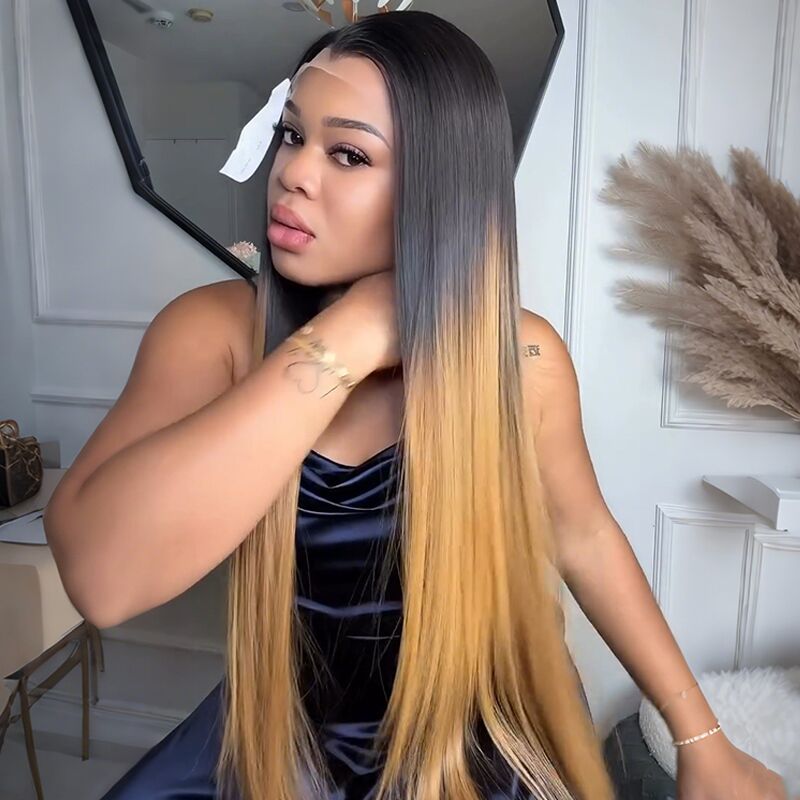 SWAY Ombre Black Strawberry Honey Blonde Bone Straight 13x4 Lace Front Human Hair Wigs 300 Density