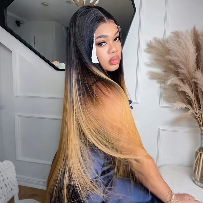 SWAY Ombre Black Strawberry Honey Blonde Bone Straight 13x4 Lace Front Human Hair Wigs 300 Density