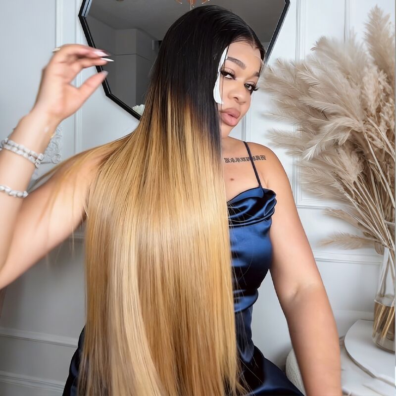 SWAY Ombre Black Strawberry Honey Blonde Bone Straight 13x4 Lace Front Human Hair Wigs 300 Density
