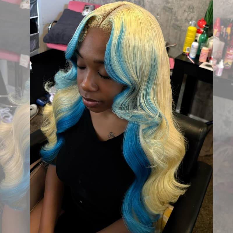 SWAY Ombre 613 Blonde Blue Skunk Stripe 13x4 Lace Front Virgin Human Hair Wigs
