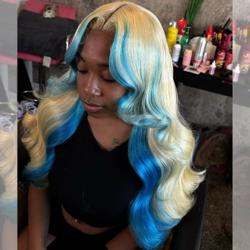 SWAY Ombre 613 Blonde Blue Skunk Stripe 13x4 Lace Front Virgin Human Hair Wigs