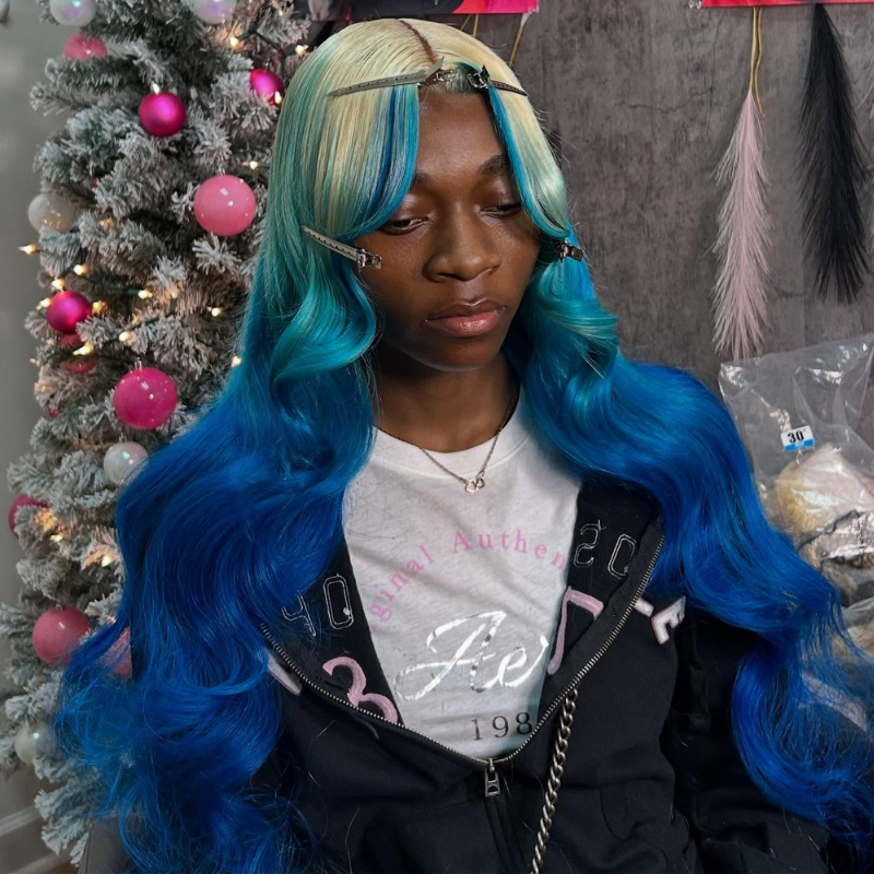 SWAY Ombre Blonde Blue Skunk Stripe 13x4 Lace Front Virgin Remy Human Hair Wigs