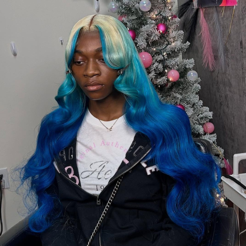 SWAY Ombre Blonde Blue Skunk Stripe 13x4 Lace Front Virgin Remy Human Hair Wigs