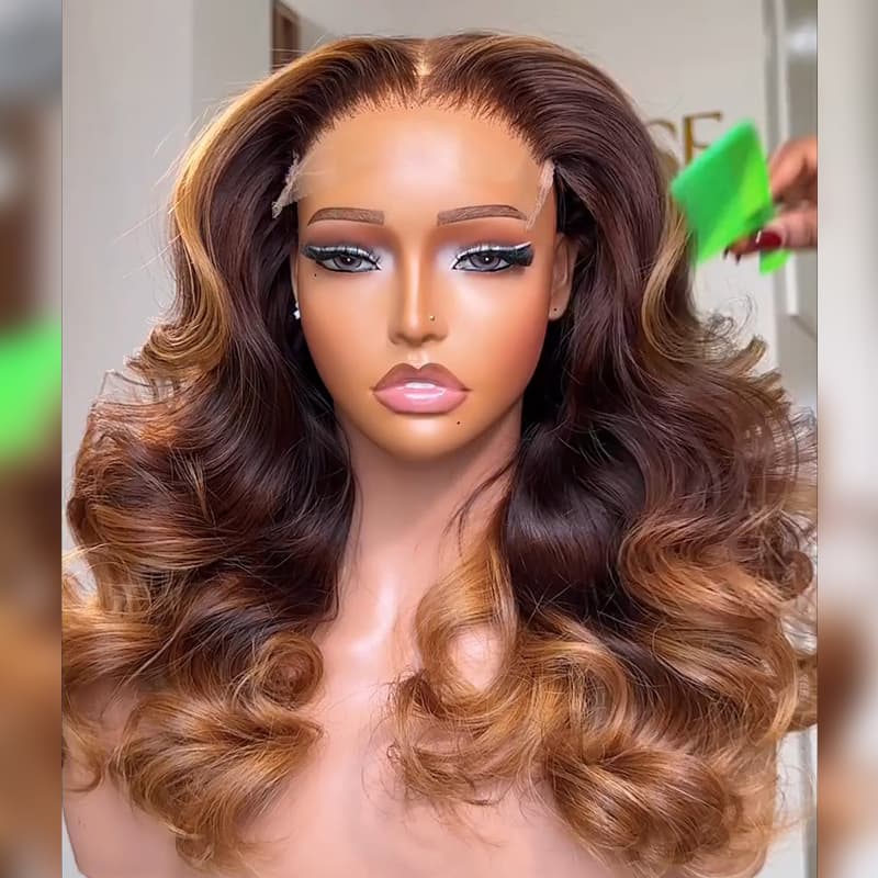 SWAY Ombre Deep Chestnut Brown Honey Copper Caramel Blonde Sun-kissed 13X4 Lace Front Human Hair Wigs 250 300 Density