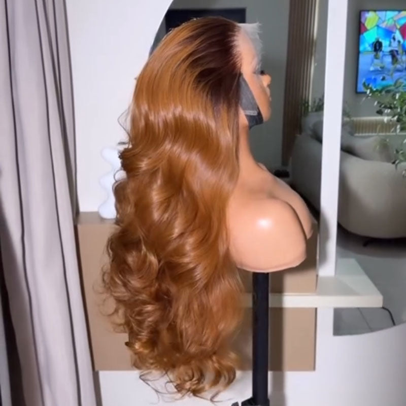 SWAY Ombre Reddish Brown With Dark Roots Wavy 13X4 Lace Front Human Hair Wigs 250 300 Density