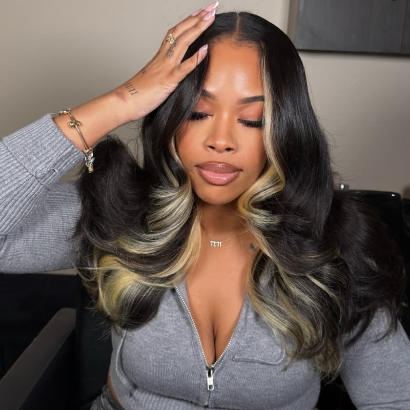 SWAY Peekaboo Black Blonde Streaks Skunk Stripe 13x4 Lace Front Human Hair Wigs 200 Density