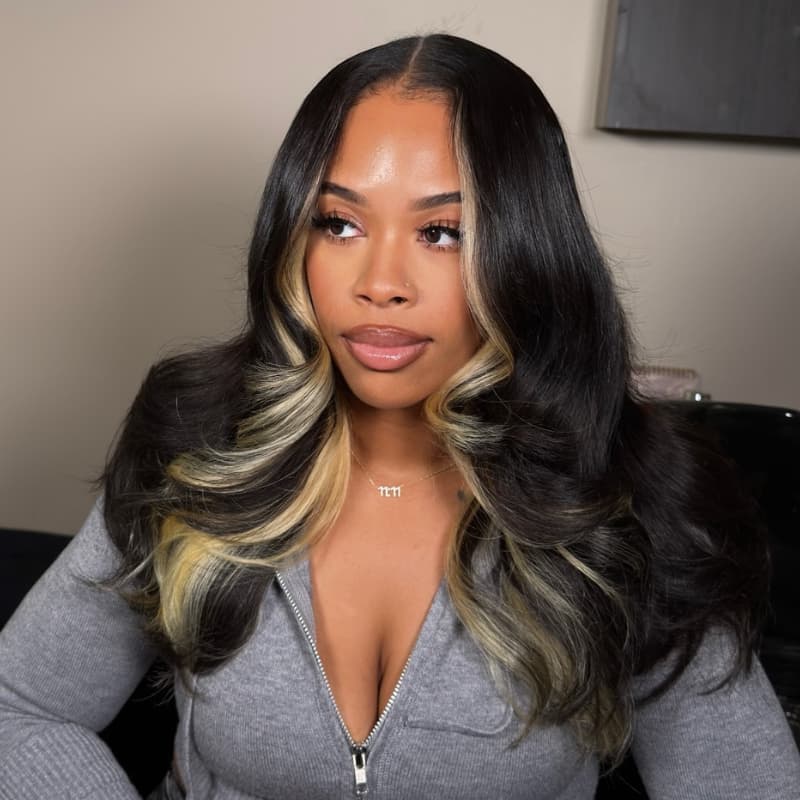SWAY Peekaboo Black Blonde Streaks Skunk Stripe 13x4 Lace Front Human Hair Wigs 200 Density