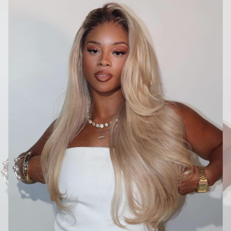SWAY Platinum Beige Blonde Dark Roots Luxury Summer Beach Vacations 13x4 Lace Front Human Hair Wig