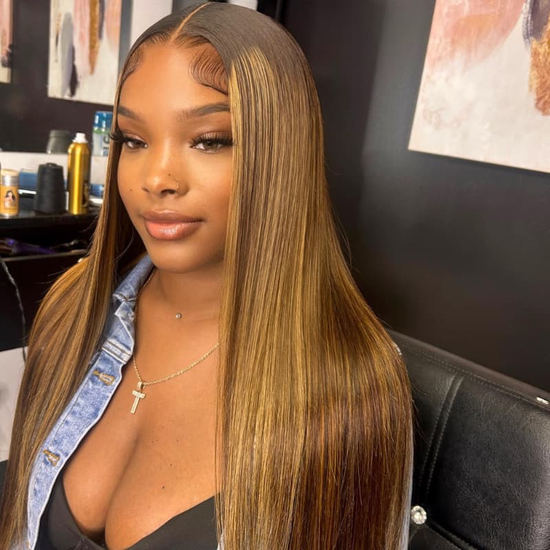 SWAY 30 32 34 Inch Honey Blonde Brown Highlights Virgin Human Hair Wig