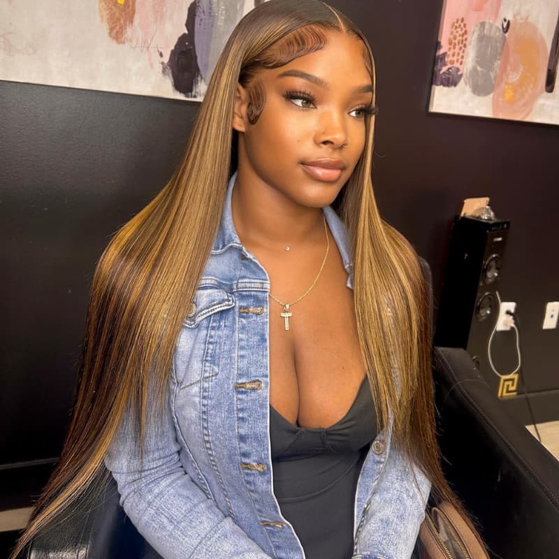 SWAY 30 32 34 Inch Honey Blonde Brown Highlights Virgin Human Hair Wig