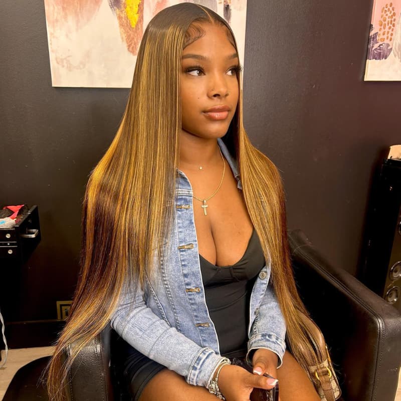 SWAY 30 32 34 Inch Honey Blonde Brown Highlights Virgin Human Hair Wig