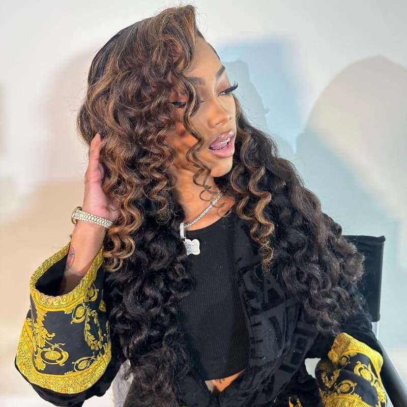 SWAY Black With Brown Highlight Wand Curls Lace Front Human Hair Wigs