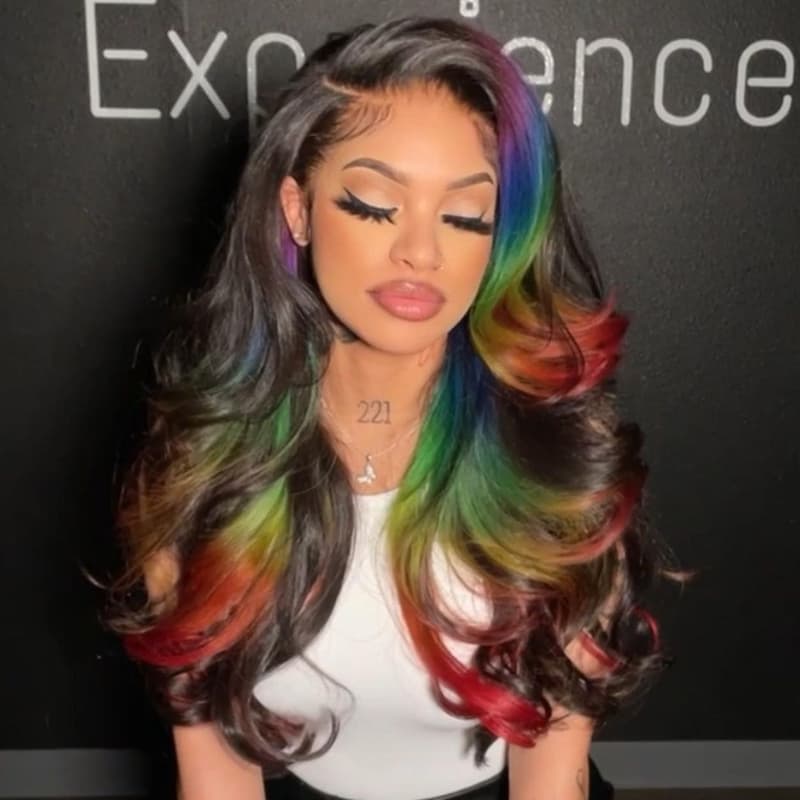 SWAY Halloween Cosplay Black With Ombre Purple Blue Green Red Highlights Human Hair Wigs