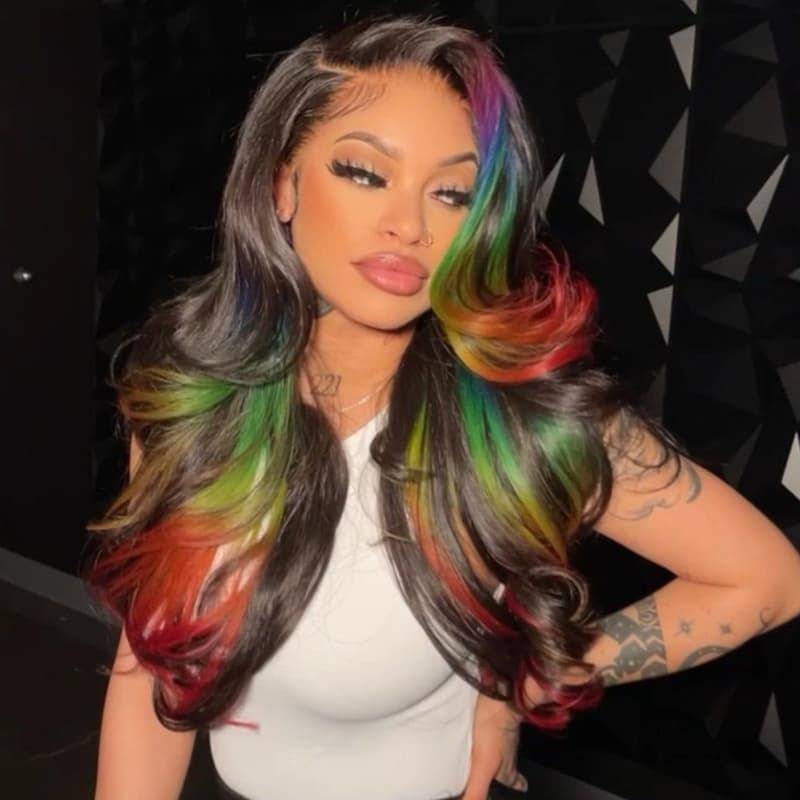 SWAY Black With Ombre Purple Blue Green Red Highlights Human Hair Wigs